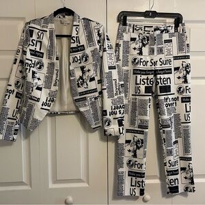 NWT Ovi All Over Print Newspaper 2 Pc Pant Suit Size S